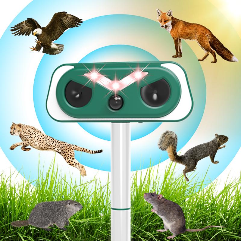 Solar Ultrasonic Flame Lamp Animal Repeller - Home Essentials, 3-9M PIR Motion Sensor, IP66 Waterproof Outdoor Pest Control Stake for Yard, Garden, Repels Squirrels, Deer, Birds, Rats, Weasels, Mosquitoes