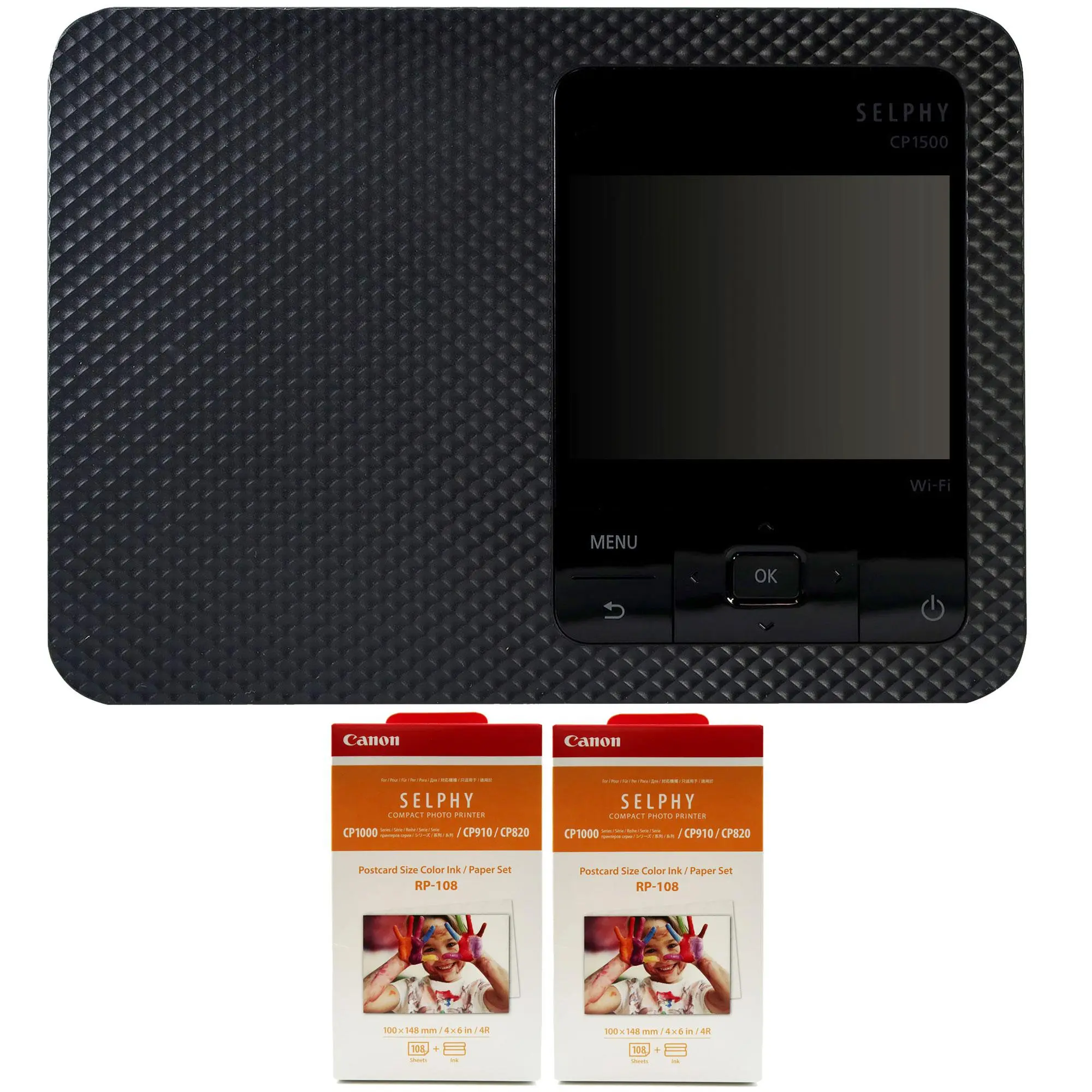 Canon SELPHY CP1500 Compact Photo Printer (Black) - cp1500 model, 2x Canon RP-108 High-Capacity Color Ink-and-Paper Sets