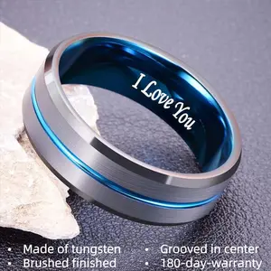 Mens Wedding Band Tungsten Rings for Men 8mm Black Brushed Finish Blue Red Gold Groove Centre Comfort Fit Multi Size Engraved I Love You
