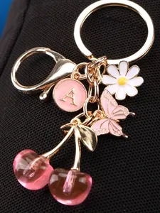 26 Initial Cherry Butterfly Bag Charm Pendants, Daisy & Cherry Bag Chain Charms, Personalized Bag Decoration Keychain, Bag Pendant for Backpack Purse, Fashion Bag Charms, Charms for bags, Ideal for Name Initials & Fruit Lovers