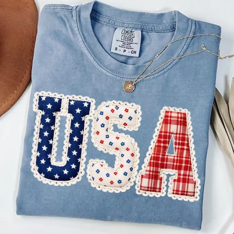 Comfort Color Vintage Faux Patchwork Lace USA Varsity T-shirt, 4th Of July Shirt, Patriotic Quilted USA Graphic Tee, Independence Day Shirt