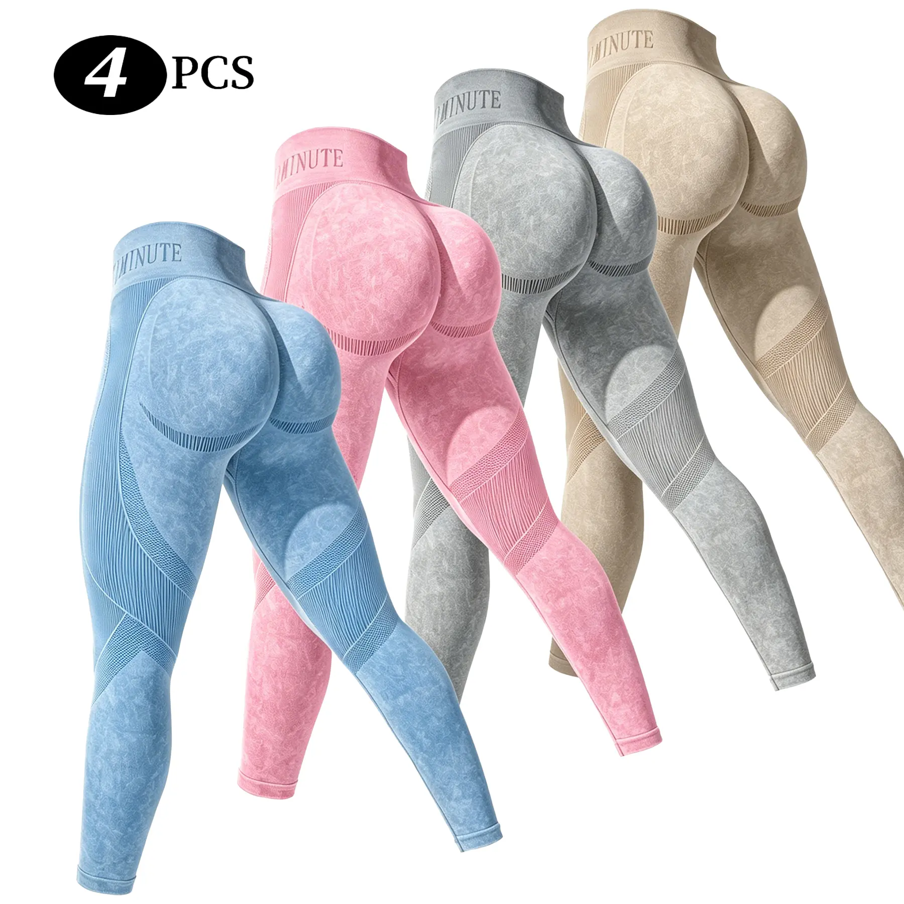 Women's Universal 4-Pcs Set All Seasons Seamless Contour Shadow Leggings - High Waisted 3D Shading Booty Lifting Smile Line Workout Tights, Female Machine Washable Sports Bottoms, Sporty Chic, Compression Garment Women's Sports Leggings