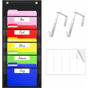 Heavy Duty Storage Pocket Chart, Wall File Organization Folder with 5 Clear File Pockets, 5 Blank Dry-Erase Name Stickers and 2 Over Door Hooks for Files Bills Classroom Office, Black 14” X 28”