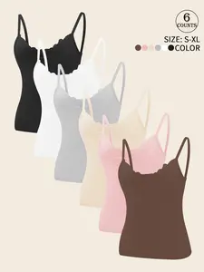 6 pack women's tank tops, Casual Fitted Sleeveless Spaghetti Strap solid color V-neck lace trim, non-slip breathable tank, women’s no cup yoga running workout, casual sports outfit for inside and outside, versatile women's top, Underwear