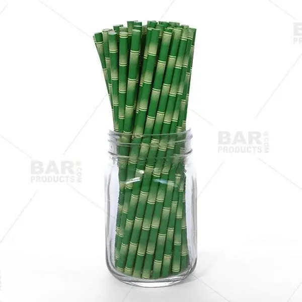 BarConic® Eco-Friendly Bamboo Paper Straws - 100-Pack, 8" Length, 0.236" Diameter, Biodegradable Food-Safe Bar Utensils for Adults, Tiki or Island Enthusiasts Themed Parties, Bamboo Print