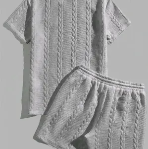 Men's Solid Textured Patched Tee & Drawstring Waist Shorts Set