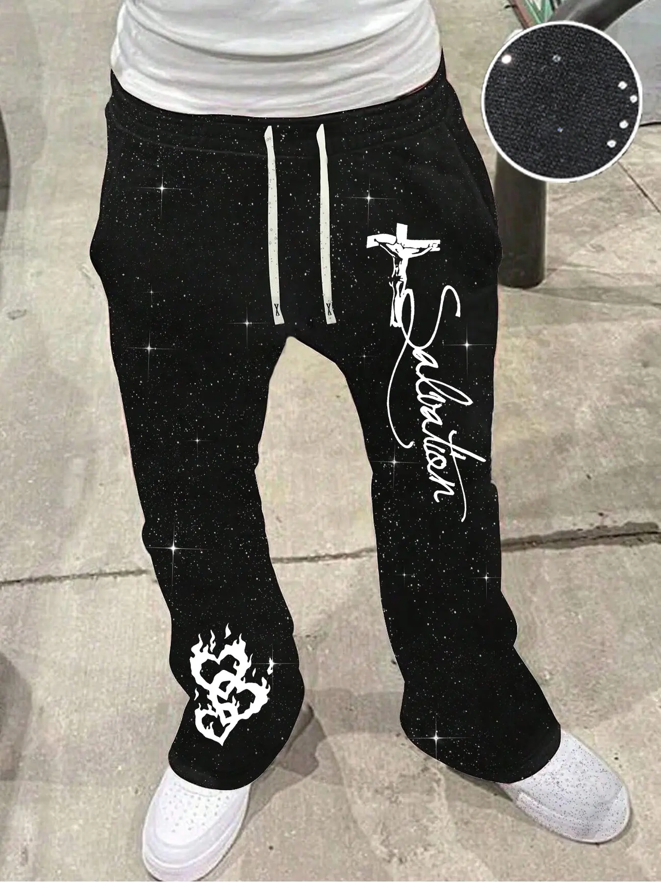 Men's Casual Wide Leg Pants, Glitter Fabric, Cross & Flame Print, Essential for Streetwear Lovers, Must-Have for Men, Casual Streetwear Trousers, Casual Comfy Trouser