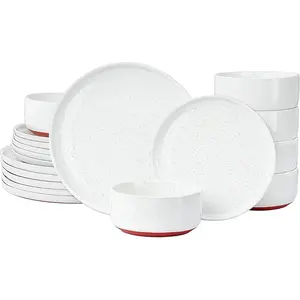 Modern Art Series - 18 count Speckled Stoneware Plates and Bowls Sets, Ceramic Dinnerware Set with Rustic Terracotta Underside, Microwave and Dishwasher Safe Handcrafted Dishes Set - Porcelain White