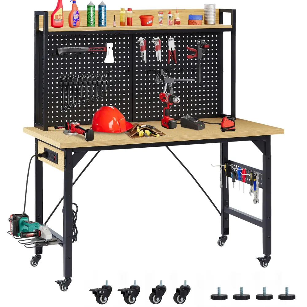 Heavy-Duty Engineering Wood & Iron Workbench with Steel Frame, 48’’L x 24’’W x 37.6’’H, Height Adjustable Desktop, 2000 lbs Load Capacity, Rolling Wheels, AC/USB Power Outlets, Pegboard, Hooks and Shelf, Easy Setup, Assembly Required for Garage Workshops