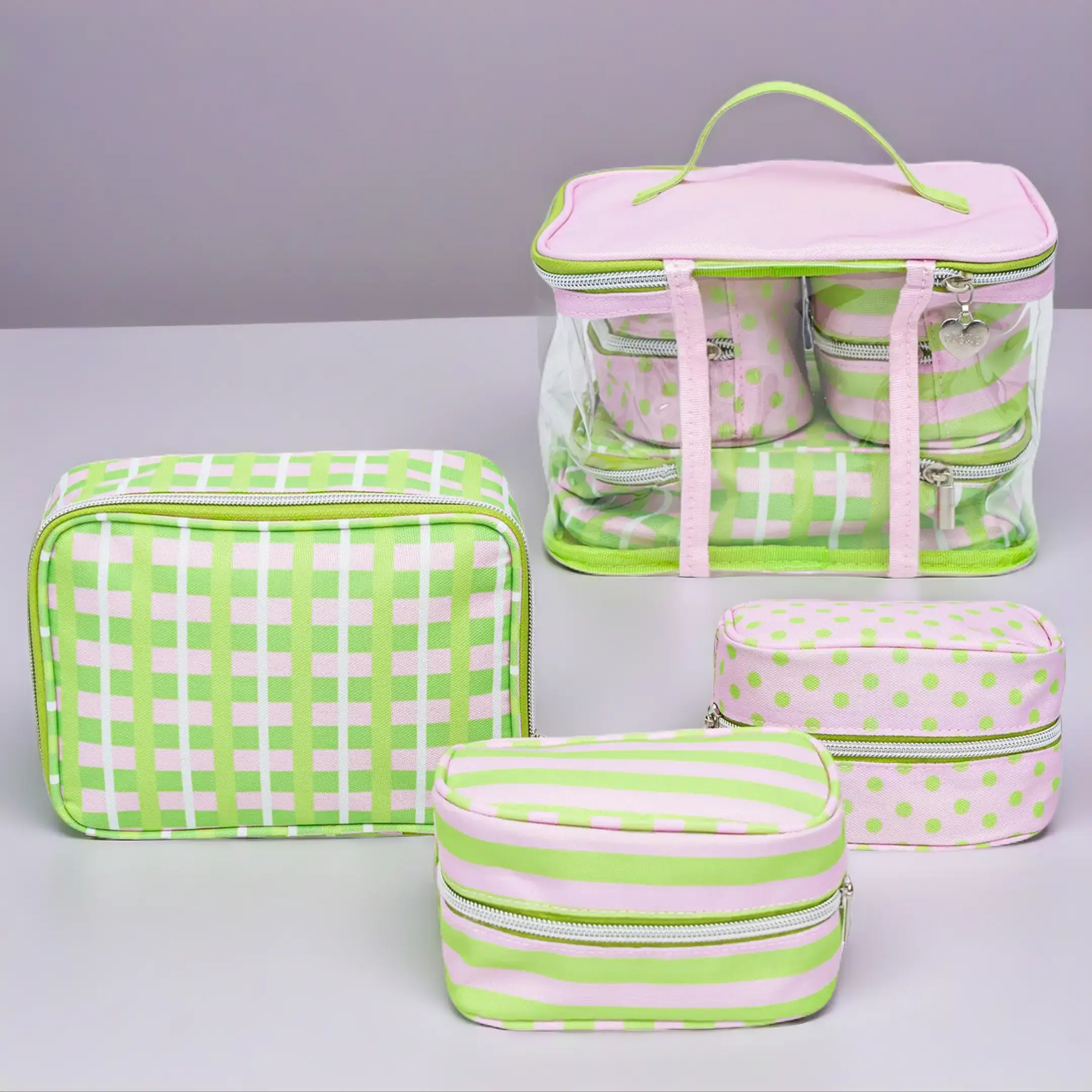 Cosmetic Bag Set, 4-Piece Portable Travel Toiletry Organizer, Water-Resistant High-Capacity Makeup Storage in Cute Pink & Green