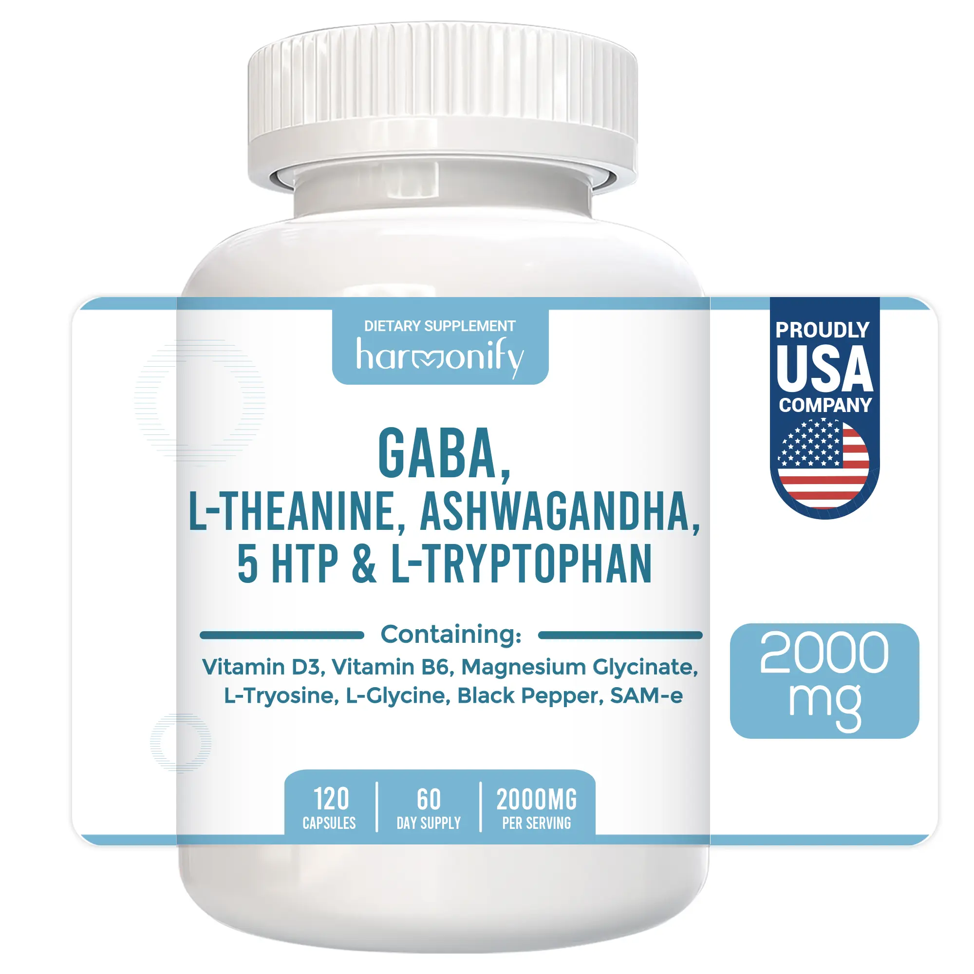 HARMONIFY GABA L-Theanine Supplements with Magnesium Glycinate, Ashwagandha, Same, 5-HTP and L-Tryptophan, 120 Capsules, 2000 mg