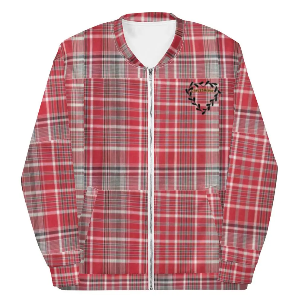Jamaican Bandana Unisex Bomber Jacket - Red and Gray Plaid, Front Zipper Closure, Pockets, Basic Coat Style, Fleece Fabric