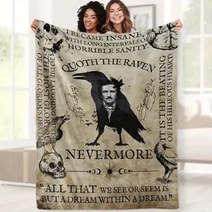 Edgar Allan Poe Gothic Horror Printed Flannel Blanket - Crow Crane Skull Bat Pattern With "The Raven" Verse - Suitable for beds and sofas can also be given as a gift