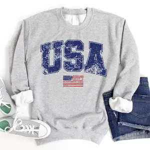 Women's Long-Sleeve Round-Neck Pullover Sweatshirt - Women's Clothes, Unisex Casual, Retro USA Flag Graphic Print, 4th of July Patriotic Top