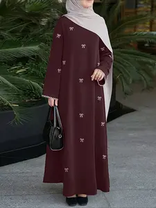 Elegant Women's Solid Color Modest Dress, Round Neck Long Sleeve Bow Print Lace Trim, Casual Fitted Long Dress for Daily Commuting Long Sleeve Dresses