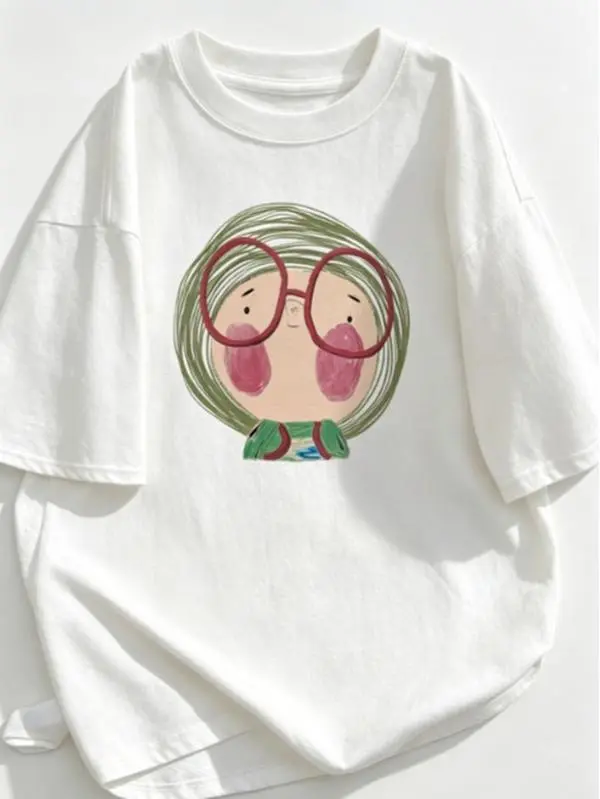 Hand‑Painted Cartoon Girl Graphic T‑Shirt, Unisex Everyday Daily‑Wear Casual Tee, Cute Round‑Face Glasses‑Girl Relaxed‑Fit Cotton Short‑Sleeve for Women Men