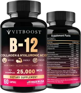 B12 with Hyaluronic Acid Collagen and Folate 25000 mcg B12 Complex Maximize Absorption and Energy Gluten Free USA Made Vitamins B1 B2 B3 B6 B7 5000 mcg Methylcobalamin Vitality Supplement for Natural Energy Focus and Skin Support Recovery Formula