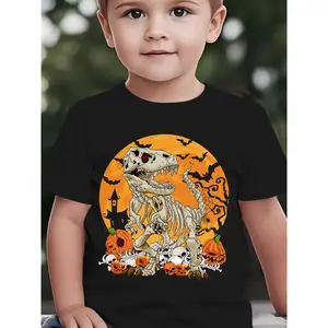 Boys' Halloween T-Shirt - Spooky Dinosaur & Pumpkin Graphic Tee, Bright Yellow Shirt for Toddler & Kids, Lightweight Summer Top for Halloween Party Outfits & Everyday Play , Halloween Clothes, Kids Casual Wear, Playful Kids Design, Funny Sweatshirt