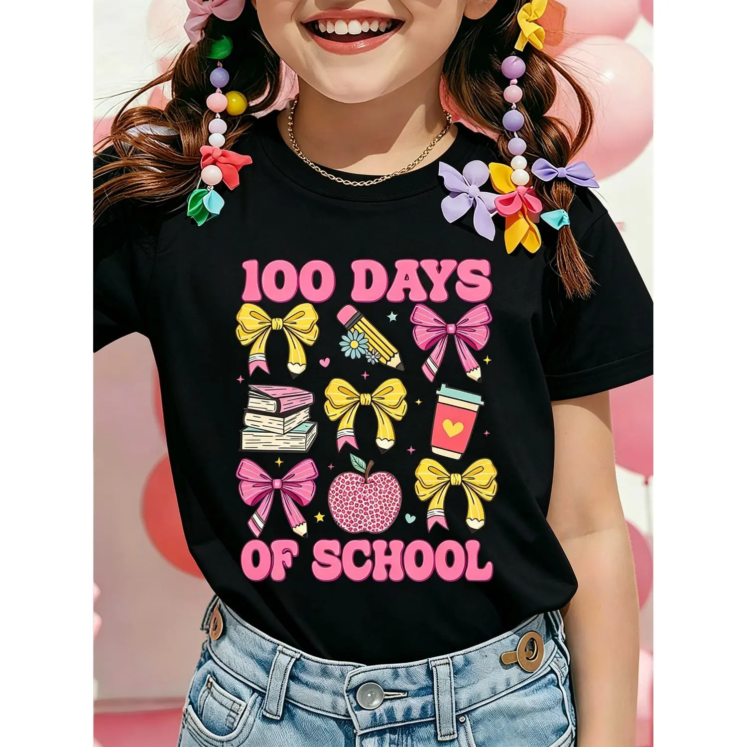 Girls Short Sleeve T-Shirt 100 Days of School Graphic Print Cute Bows Pencil Apple Books Design Kids Clothes Girls Summer Casual Tee Girls Clothes Soft Breathable Crew Neck Pullover Top Apparel for Back to School