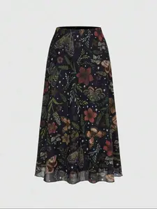 Women's Gothic Moth Butterfly Print A-Line Midi Skirt, Punk Style Party Skirt for Autumn & Winter