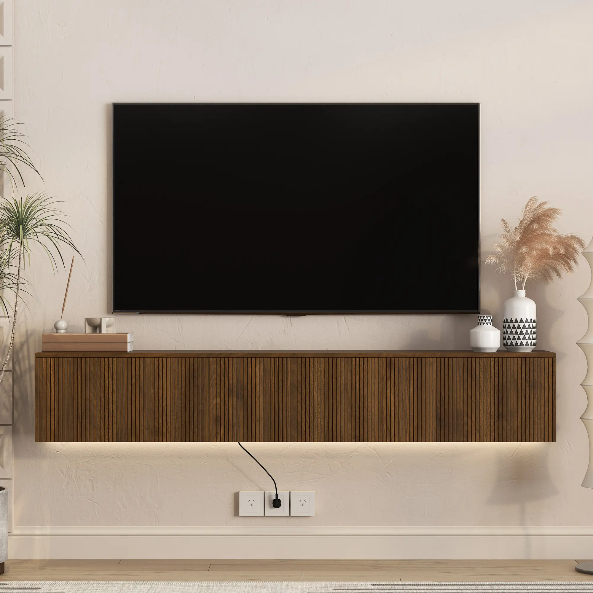 Wall-Mounted Floating TV Stand with 16-Color LED Lights, 69" Modern Media Console for TVs up to 65", MDF Brown Cabinet with Storage, Entertainment Center with Light-Up Shelf