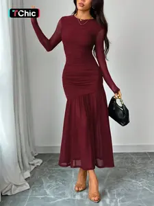 Women's solid color elegant Fitted pleated mesh patchwork long-sleeved dress. The patchwork design makes it suitable for everyday dates and travel, parties, elegant evening wear, commuting, nightclubs, and dates.
