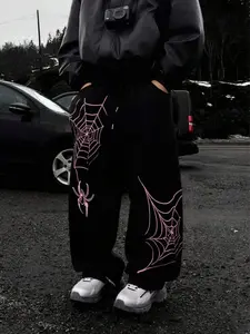 Men's Wide Leg Sweatpants, Coral Spider Web Print, Drawstring Elastic Waist, Y2K Dark Street Style, Casual Long Pants