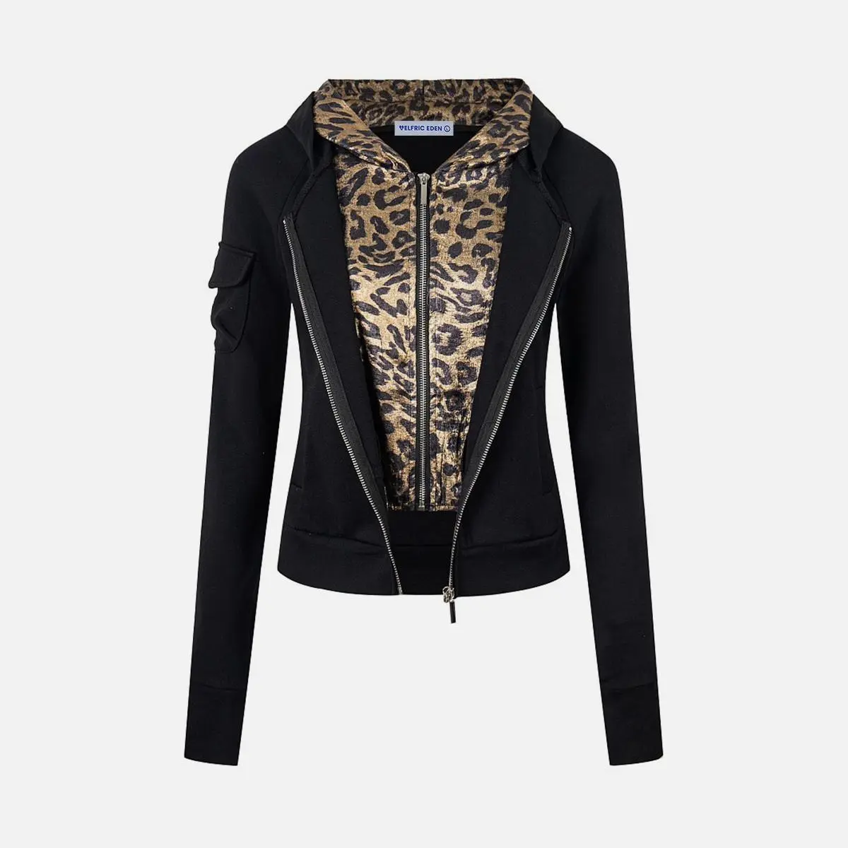 Aelfric Eden Leopard Print Layered Zip Up Hoodie Double Zipper Slim Fit Y2K Streetwear Casual Hooded Jacket for Women