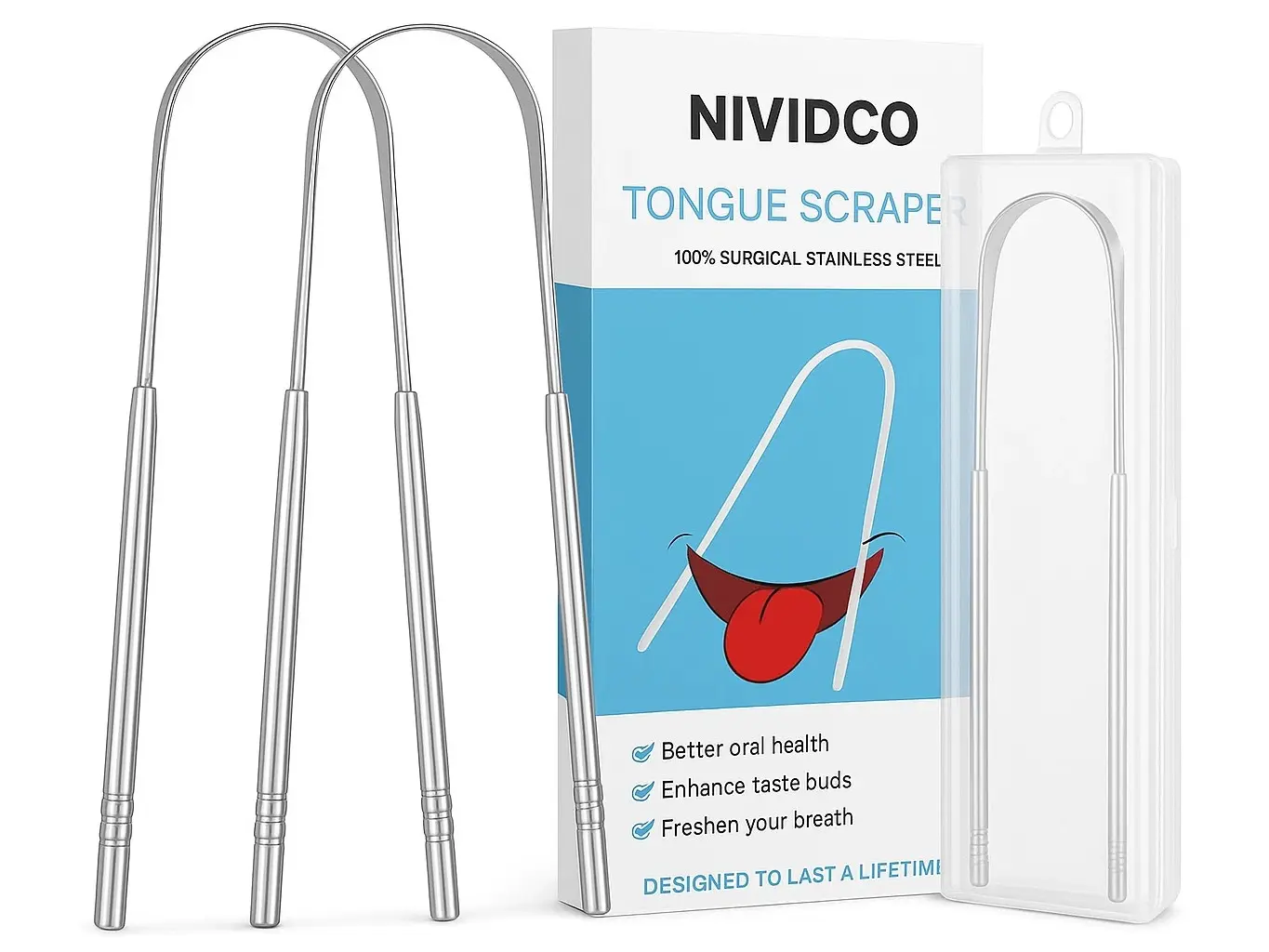 2-Pack Surgical 304 Stainless Steel Tongue Scraper, Manual Clean Oral Care Product with Soft Bristle for Daily Care, Bad Breath Prevention Hygiene Tool for Adults, Fresh Breath, Prevents Bad Breath
