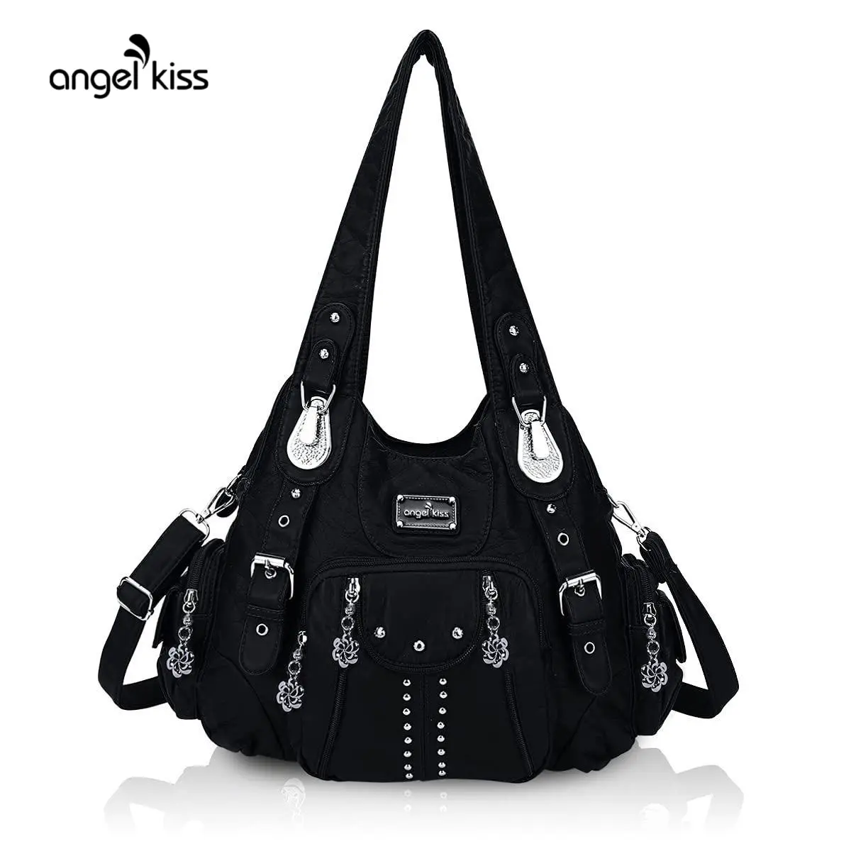 Angel Kiss Women's Leather Crossbody Shoulder Bag 13.2"x4.5"x10.7" Medium Size, Soft PU Leather, Adjustable Reinforced Strap, Chain, Double Handle, Multiple Pockets, Anti Theft Back Zipper, for Business & Casual Use