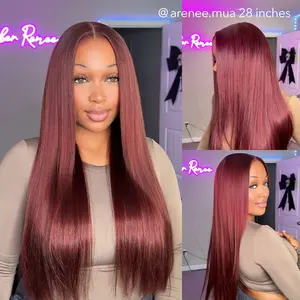 Wavymy Reddish Brown Water Wave Wig 13x6 Max Lace Frontal Wig Drawstring Wear & Go Wigs Dome Cap Straight Long Wig Transparent Lace Glueless Wigs 180% Density