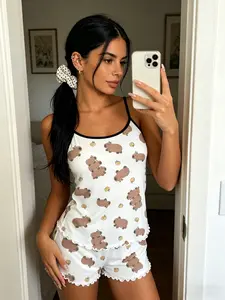 Base Capybara Water Buffalo Print Tank Top Sleeveless Pajama Set, Womenswear, Border Ruffle Aesthetic Design, Soft Cozy Breathable Home Sleepwear