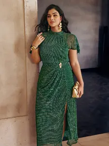 Plus Size Elegant Dress with Small Stand Collar and Cape Style, Metallic Waist Decoration and Slit Hem, Sheer Sparkling Tulle Evening Gown