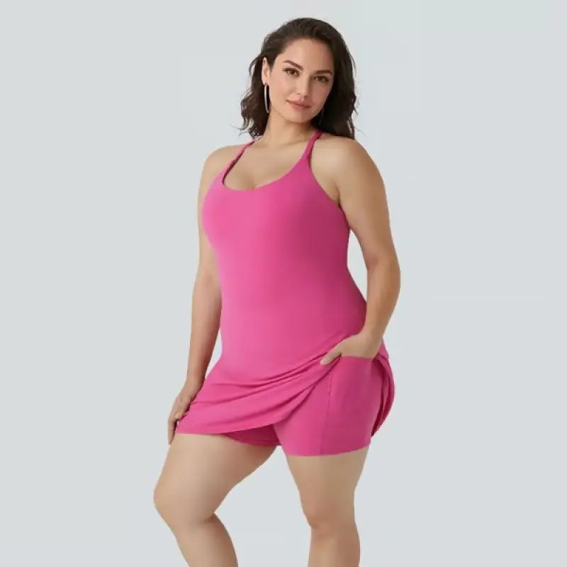 Athletic Workout Dress for Women, Sporty Chic Sleeveless Design with Built-in Shorts, Pockets, and Removable Pads for Tennis & Sports, Women's Clothes, Plus Size, Female, Fitted