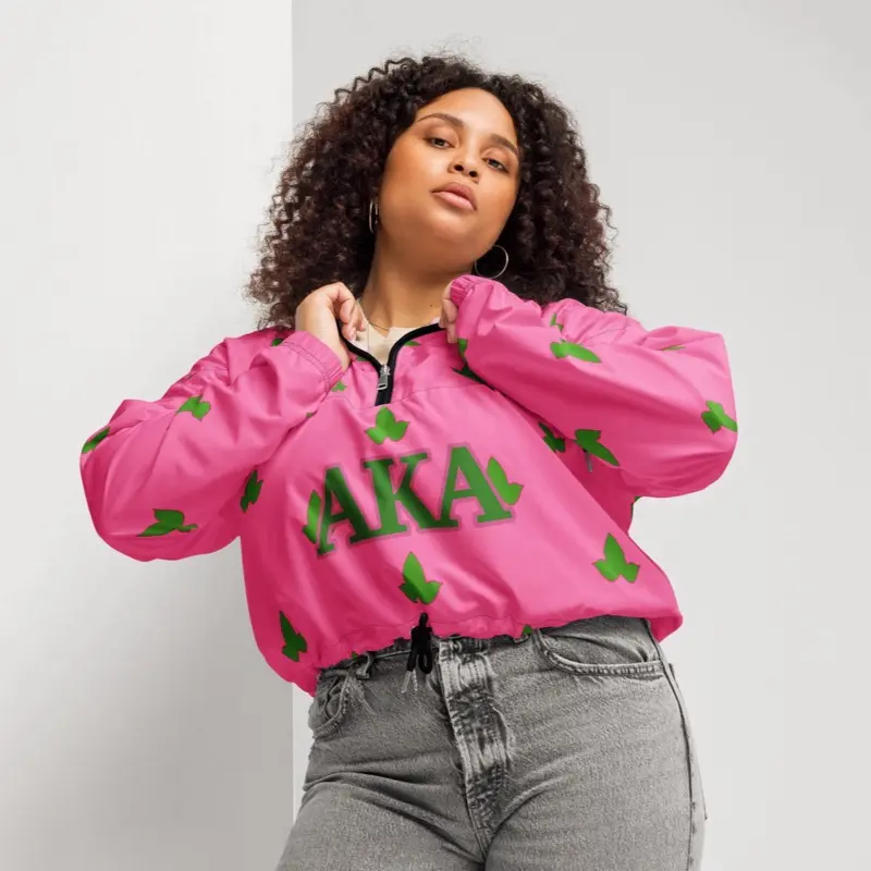 Pink AKA Cropped Quarter Zip Windbreaker with Green Ivy Leaves for Stylish Comfort