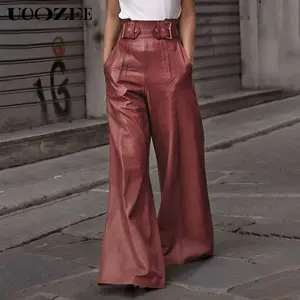 UOOZEE high waist loose wide leg pants with pockets loose women's casual pants multi-color PU leather pants simple four seasons, commuting, leisure, OOTD, suitable for multiple occasions