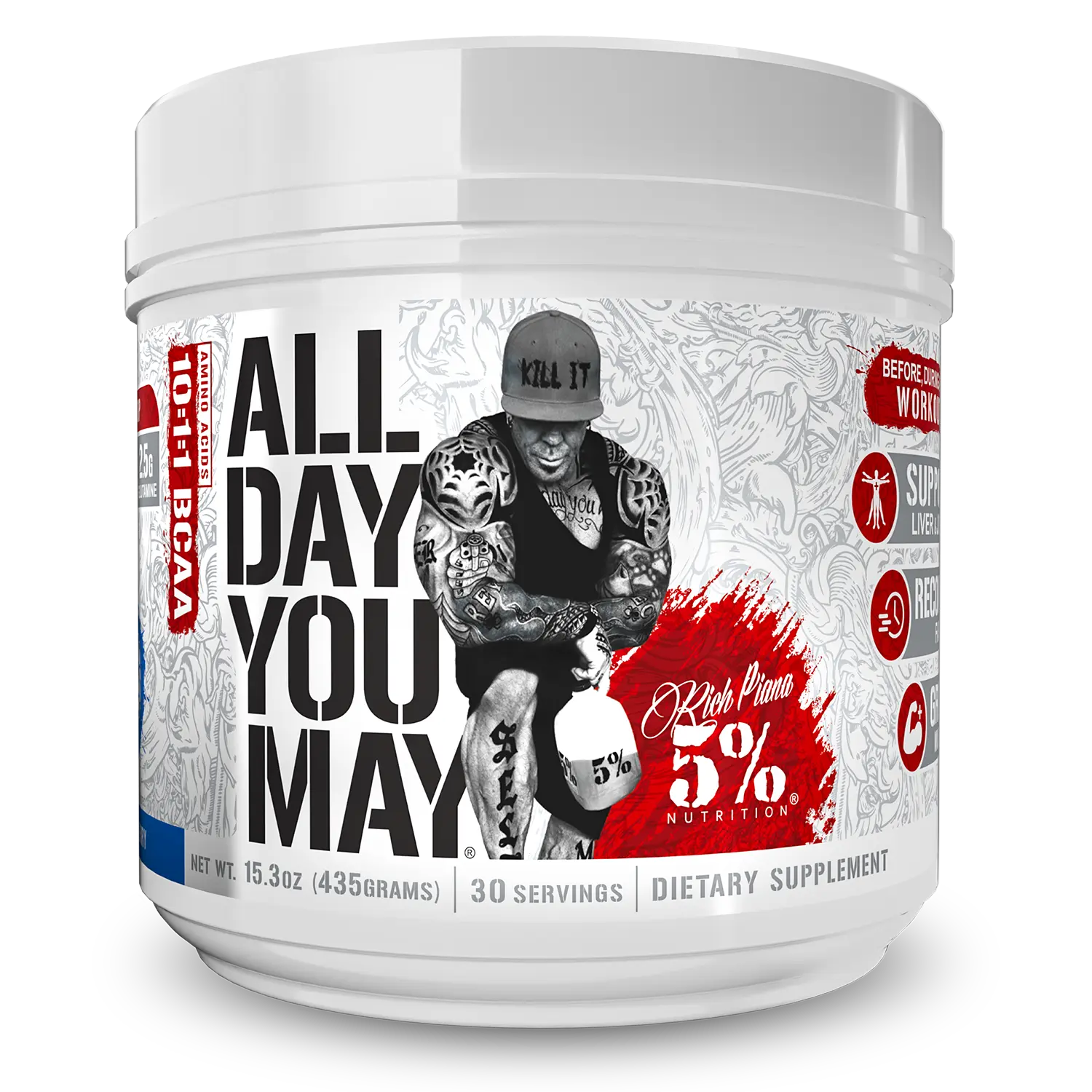 5% Nutrition Rich Piana All Day You May Protein Powder - 9g Amino Matrix, Digestive Enzymes, L-Glutamine, Milk Thistle, Tree Nuts, Joint & Liver Support, Intra-Post Workout Recovery, 30 Servings for Fitness Enthusiasts (Prop 65 Safe), Supplement, Hydratio