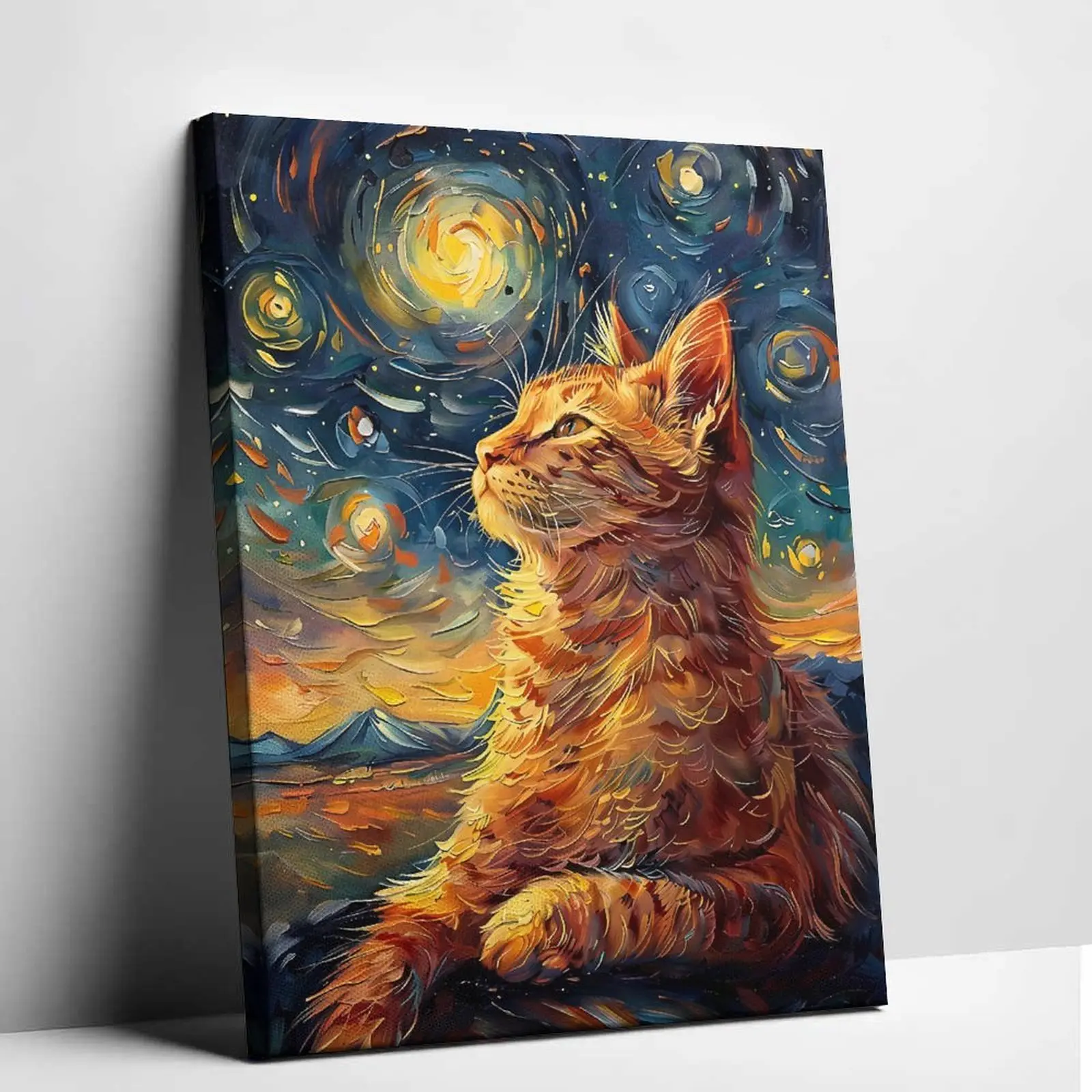 Artistic Ginger Cat Starry Night Canvas Print, Frameless Wall Art Poster, Cozy Aesthetic Home Decoration for Office Bedroom Gift