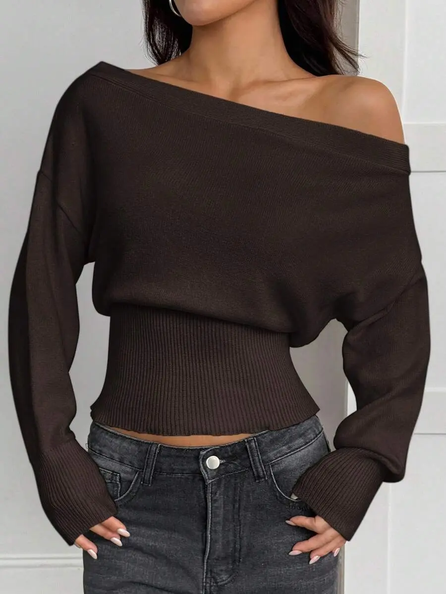 Women's Elegant Dark Brown Off The Shoulder Long Sleeve Knit Sweater, Oversized 3D Floral Loose Top, Autumn Night Out Fall Clothes, Petite Women
