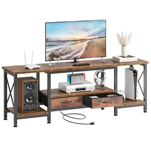 63 Inch LED TV Stand for 65 70 Inch TV, Entertainment Center with Open Shelves and Power Outlets TV Stand with Power Outlets to 63 Inches, TV Console Table with Open Storage Shelves Cabinet, Industrial Media Entertainment Center for Living Room Bedroom