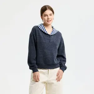 Women's Long Sleeve Button-Down Collar Knit Top - Universal Thread Navy Blue XS