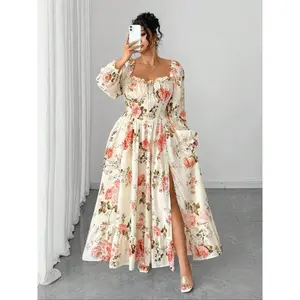 Plus-size women’s casual retro floral print long skirt with a tie waist, square neckline, long sleeves, and an open hem—bohemian style for autumn and winter