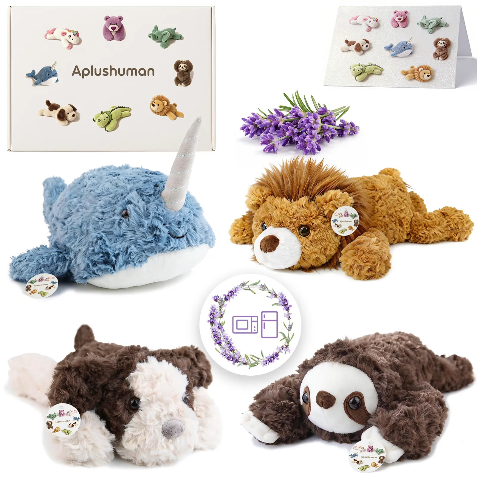 Microwavable Heating Pad Narwhal Lion Sloth Golden Retriever Plush - Weighted Stuffed Animal Toy with Tourmaline Beads & Lavender - 1.8 lb for Long Lasting Cozy Warmth - Includes Gift Box & Greeting Card