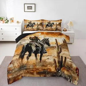 Western Cowboy Bedding Set,Vintage Wild West Comforter Set,American Rustic Desert Comforter,Native Botanical Country Soft Lodge Cactus Duvet Quilt