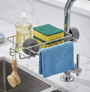 Adjustable and detachable faucet drainage stand - Stainless steel sink sponge holder and soap box, a simple and no-drill-required storage organizing tool for kitchens and bathrooms, faucet drainage stand for sinks