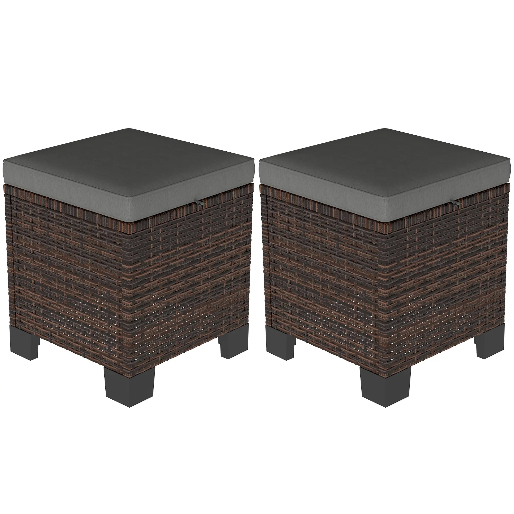 Outsunny 2 Pieces Outdoor Patio Ottomans, All Weather Wicker Outdoor Footstools with Removable Cushions, 3-in-1 PE Rattan Ottoman Seat, Footrest and Side Table for Backyard, Poolside, Beige