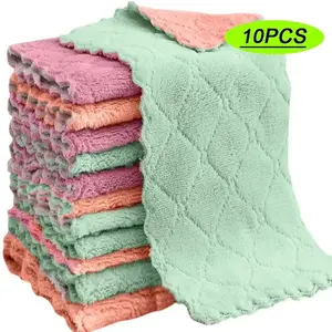 10 Pack Kitchen Towels, Coral Fleece Non-Stick Oil Absorbent Quick-Dry Dish Cloths, Soft Comfortable Home Essentials for Kitchen Dining Room Glass, Kitchen Cleaning Cloth