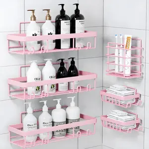 PHANCIR 6 PCS Corner Shower Caddy, No Drilling Stainless Steel Shower Storage Rack with Hooks & Toothpaste Holder for Bathroom, Pink