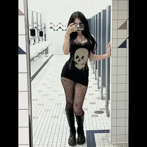 Women's Skull Print Contrast Lace Cami Dress, Y2K Fashion Casual Adjustable Strap Sleeveless Mini Dress for Daily Outdoor Wear, Women Dress for Spring Fall