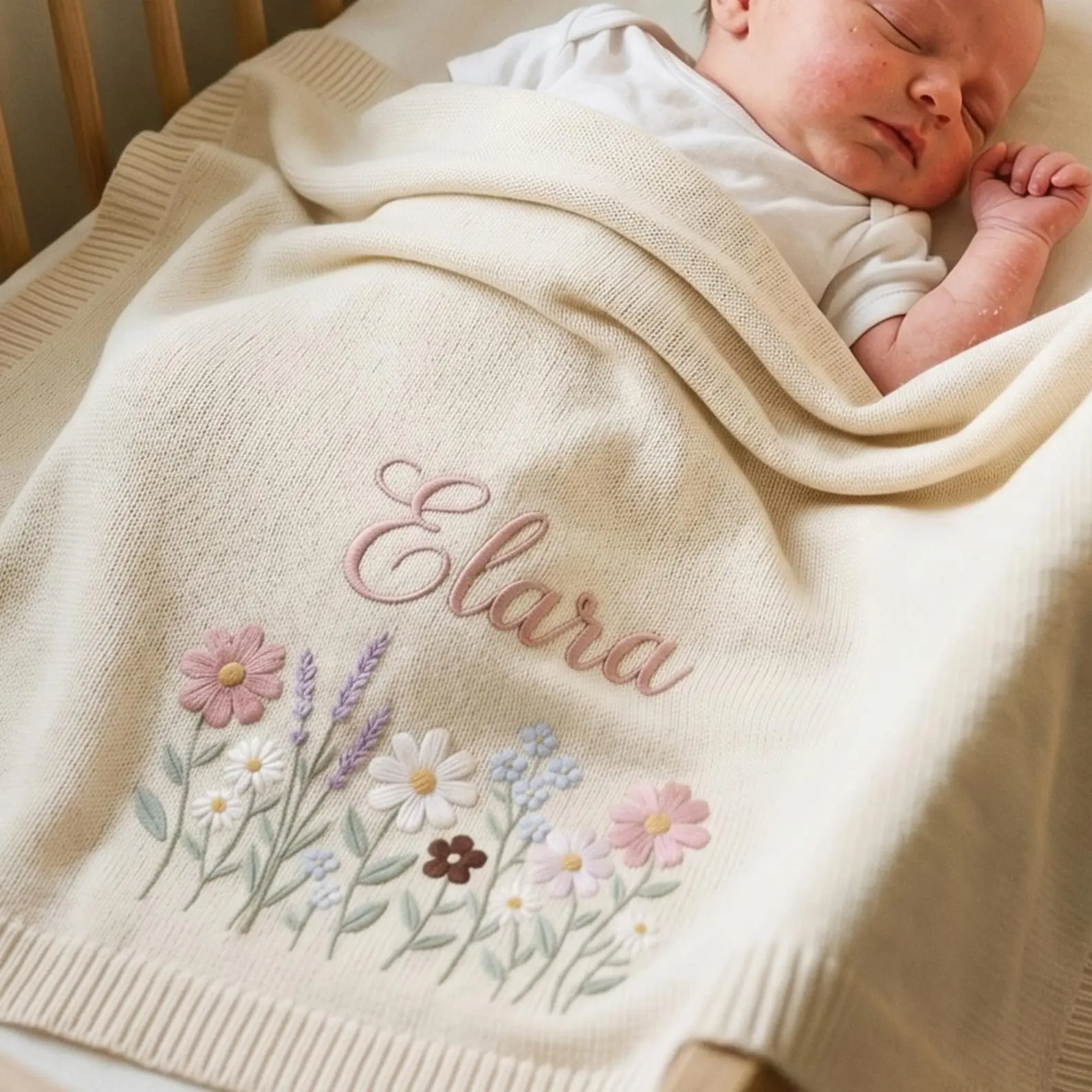Custom Embroidered Floral Baby Blanket,Personalized Newborn Baby Blanket, Soft Knit Baby Name Blanket,Newborn Blanket,Nursery Gift,Baby Gift